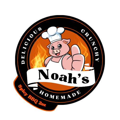 Logo of Noah's Homemade Spicy BBQ with a cartoon pig chef on an orange background