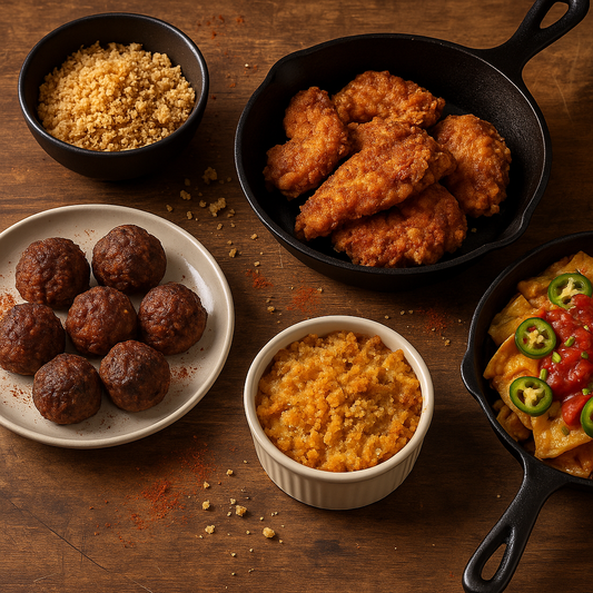 Overhead Cajun keto feast featuring fried chicken, meatballs, casserole, nachos, and crushed Noah’s Pork Rinds as breadcrumb substitute.