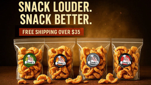 Four packages of pork rinds snacks with a promotional message on a dark background